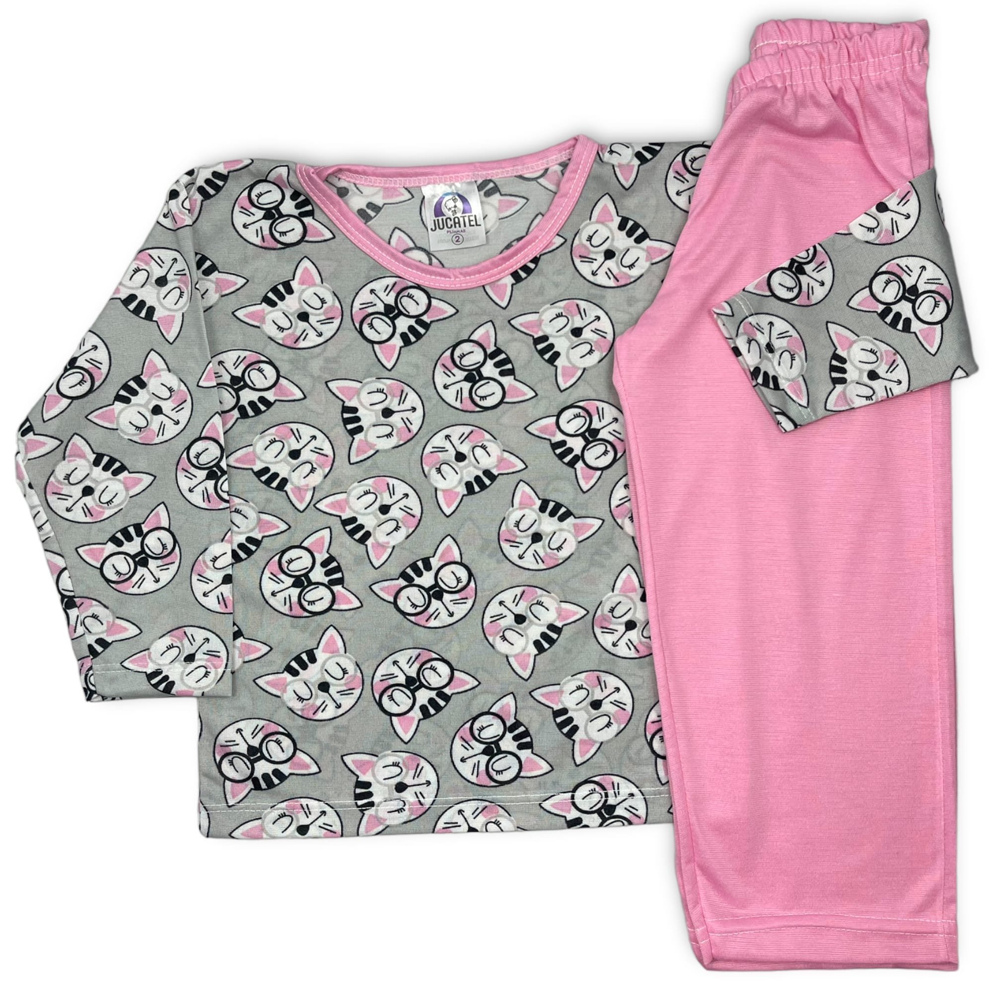 Pijama Infantil Menina Manga Longa Gatinhas De Oculos Cinza Jucatel