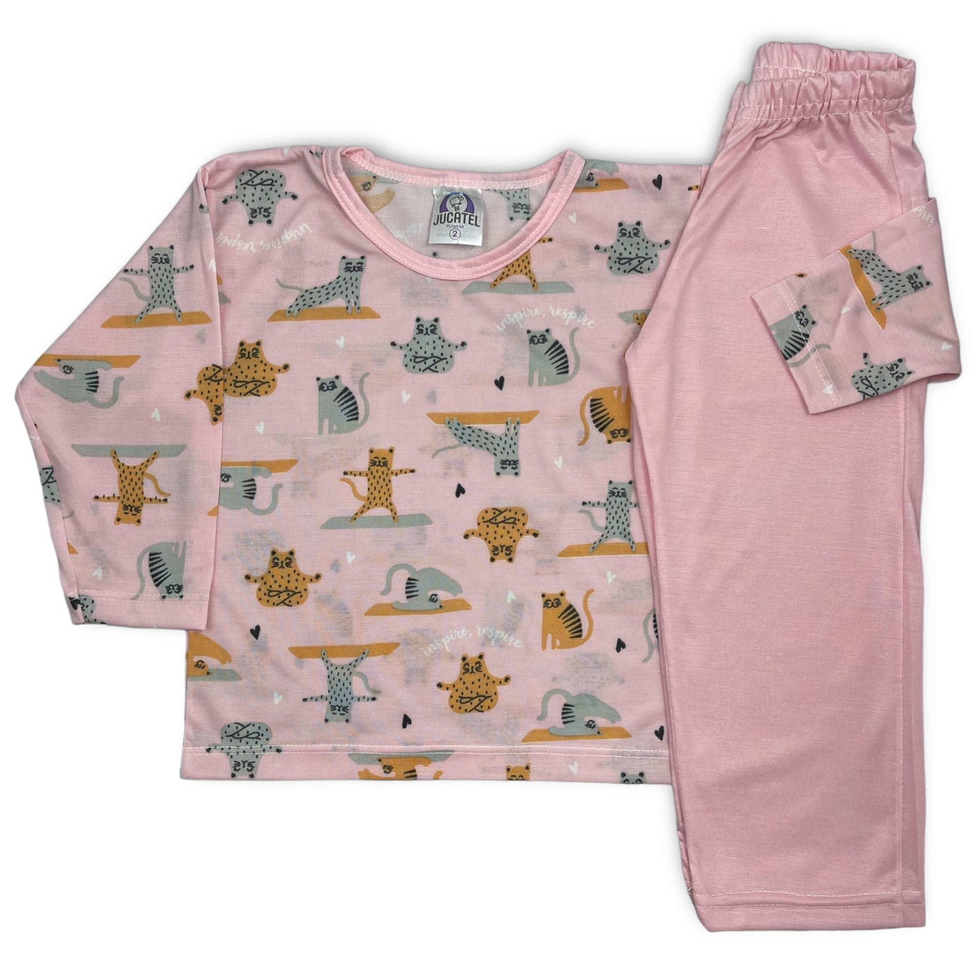 Pijama Infantil Menina Manga Longa Gatinhos Cinza E Rosa Jucatel