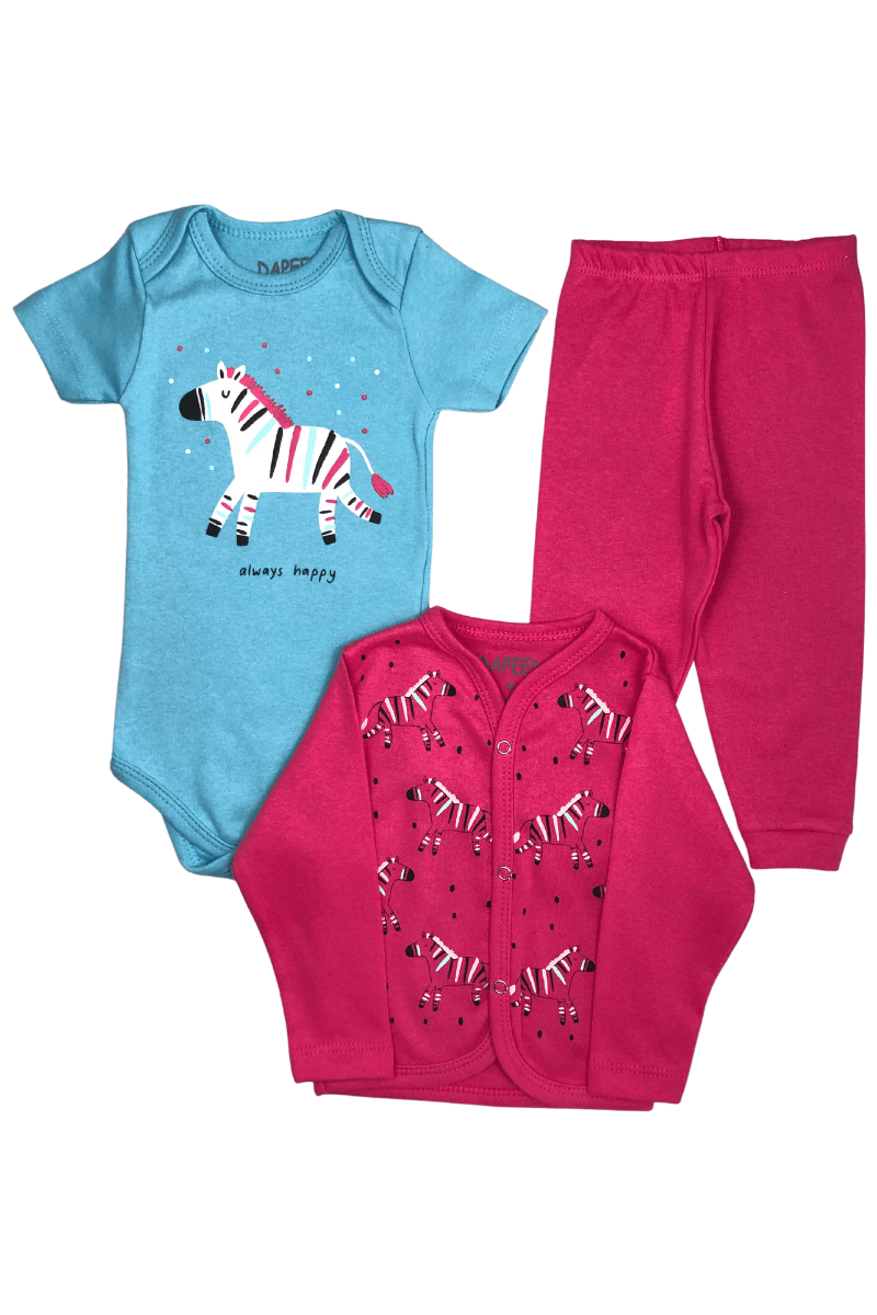 Kit Body Bebê Menina 3 Peças Always Happy Zebras Pink Dapeen