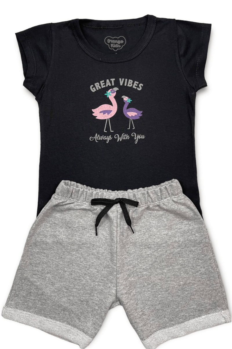 Conjunto Menina Bebê Flamingos Preto - Orango Kids