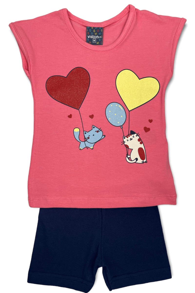 Conjunto Bebê Menina Gatinhos E Baloes Rosa - Viston Kids