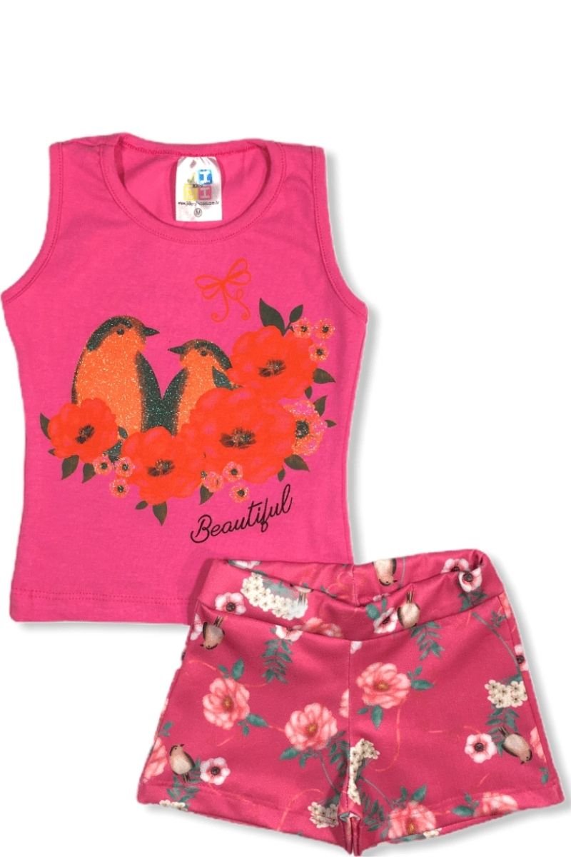 Conjunto Regata Passarinhos Beautiful Pink Com Short Crepe