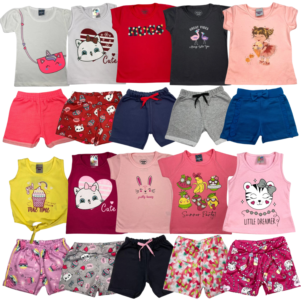Kit Sortido 10 Peças De Roupas Infantil Menina 5 Camisetas 5 Shorts Promocao Kit Com 5 Conj