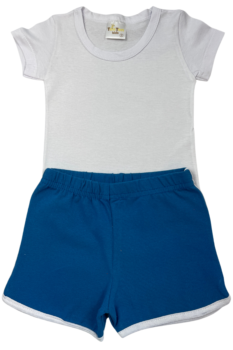 Conjunto Verão Menina Liso Camiseta Branca E Bermuda Azul Com Listra Branca - TonTon Kids
