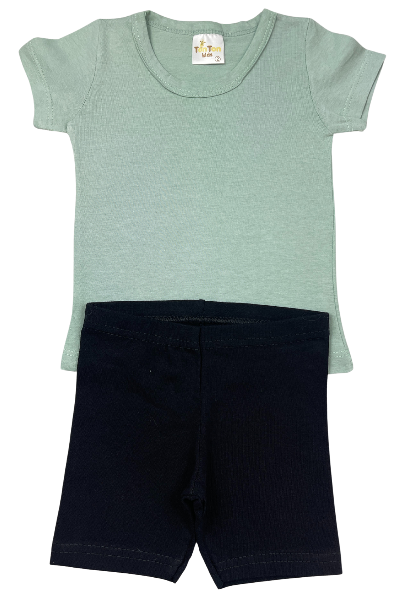Conjunto Verão Menina Liso Camiseta Verde E Bermuda Preta - TonTon Kids