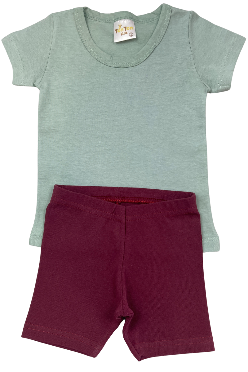 Conjunto Verão Menina Liso Camiseta Verde E Bermuda Bordo - TonTon Kids