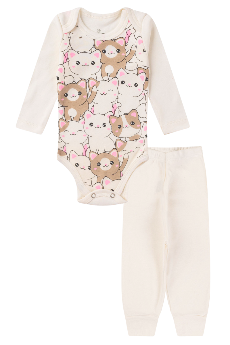 Conjunto Body Bebê Inverno Menina 2 Peças Gatinhos Off White - TonTon Kids Ton 2164 Off