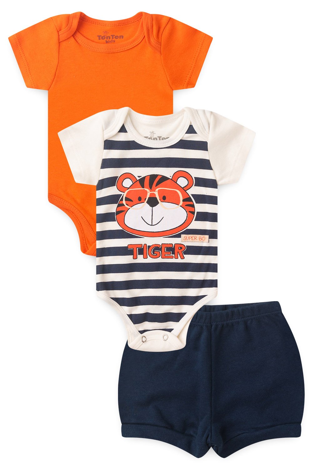 Kit Body Bebê Verão Menino 3 Peças Tiger Off White - TonTon Kids