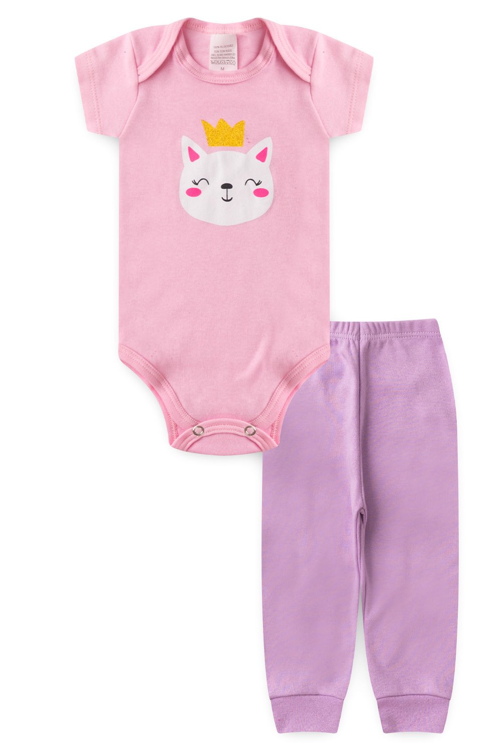 Conjunto Body Bebê Manga Curta Menina 2 Peças Gatinha Rosa - TonTon Kids