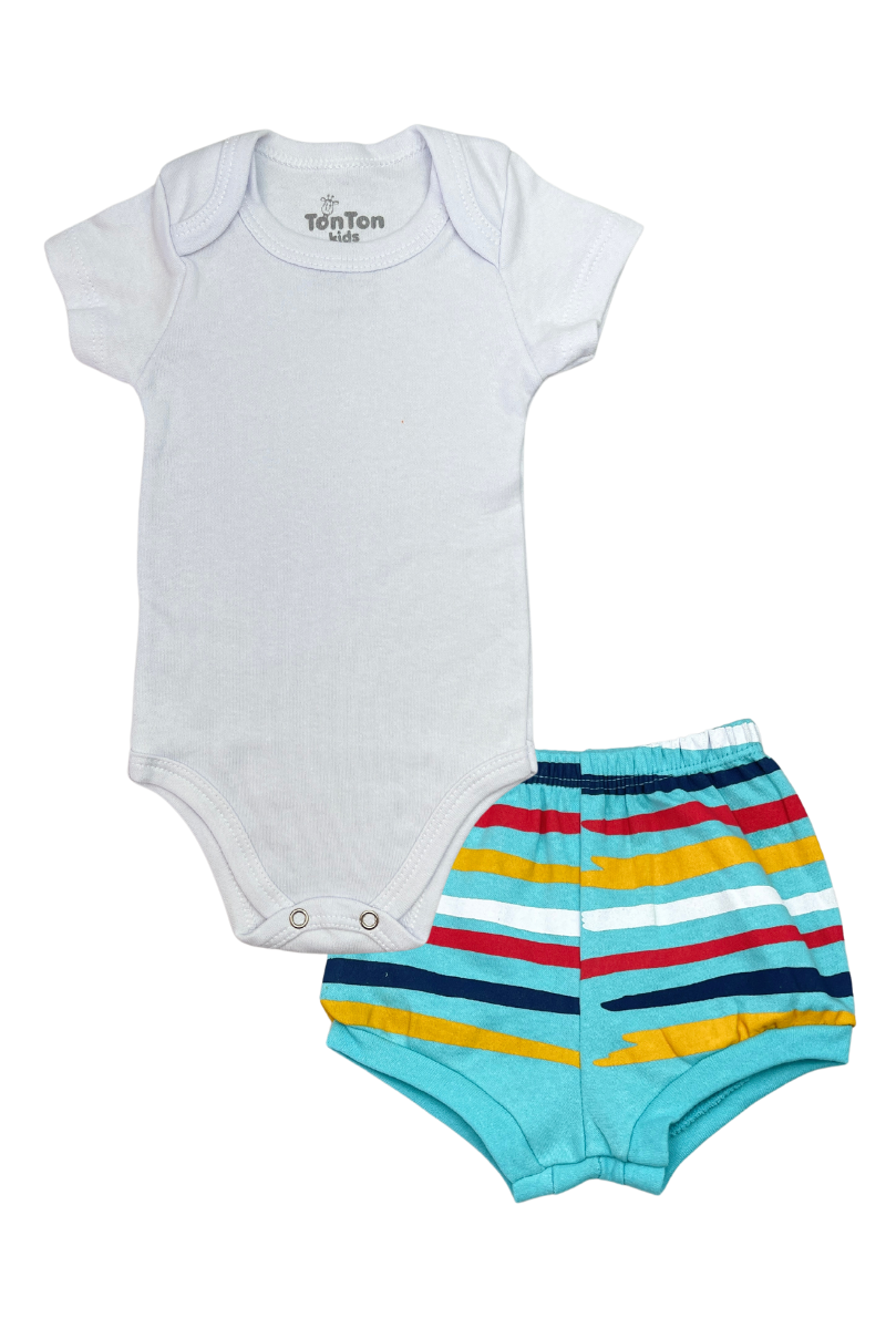 Conjunto Body Bebê Verão Menino 2 Peças Teddy Listras Branco - TonTon Kids