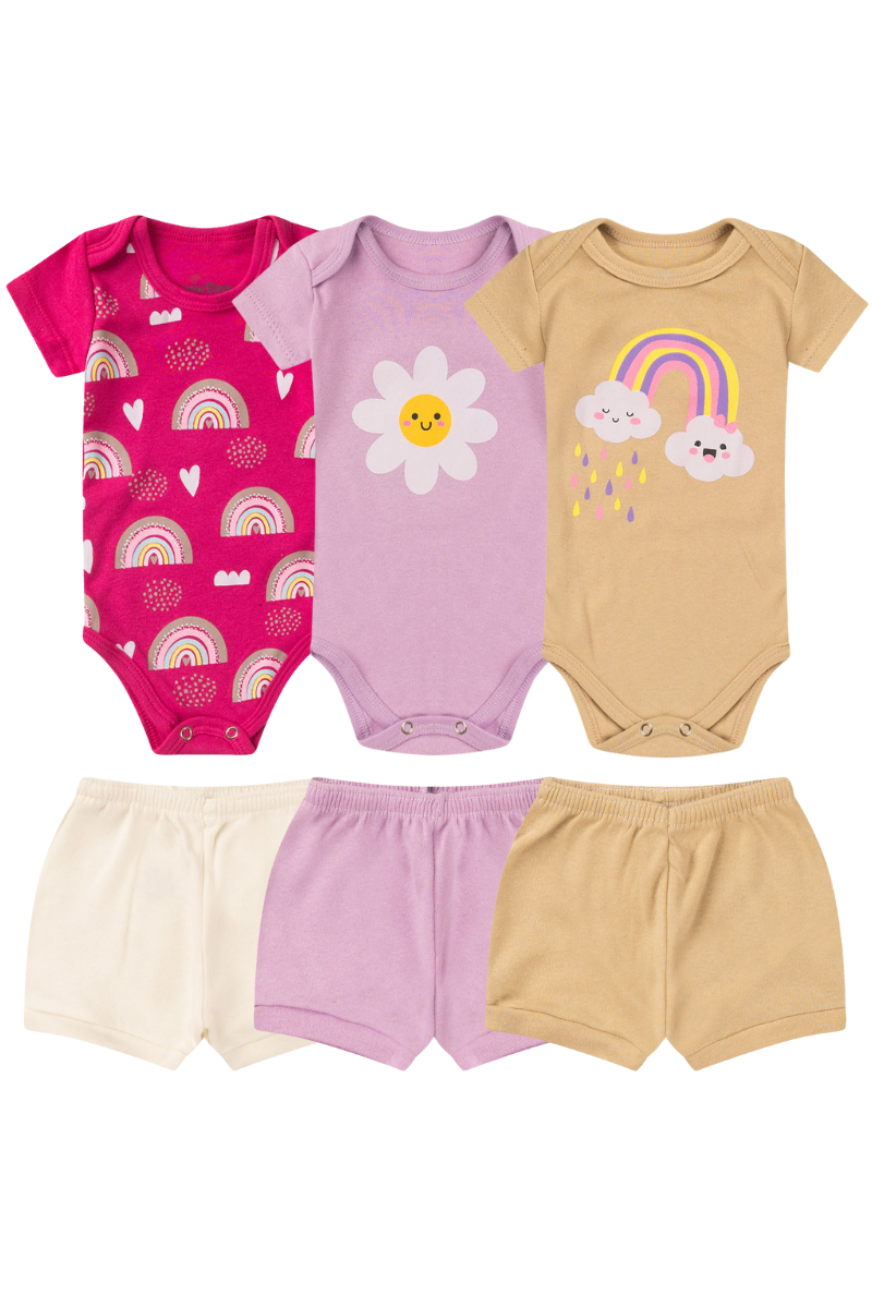 Kit 6 Peças Bebês Menina Body Manga Curta Estampados E Shorts 100 Algodão Sortido