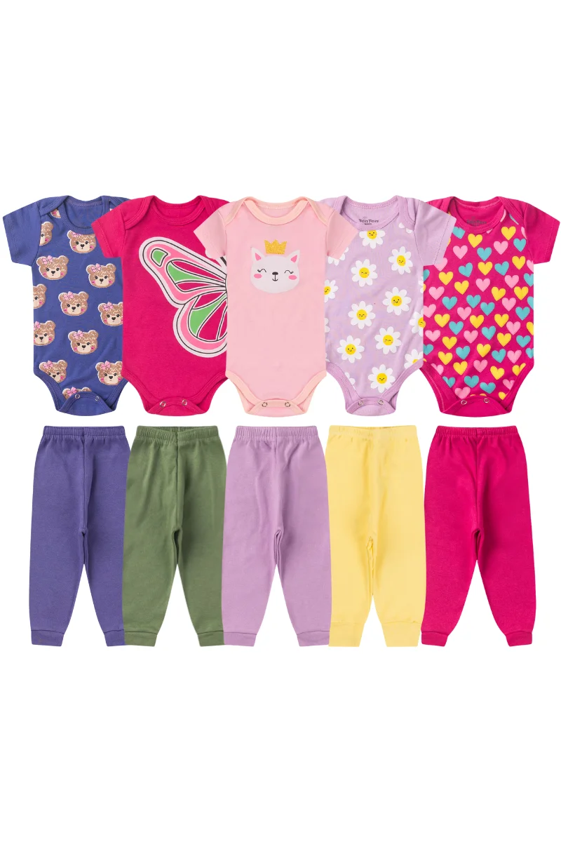 Kit 10 Peças Bebês Menina Body Manga Curta E Calça 100 Algodão Sortido