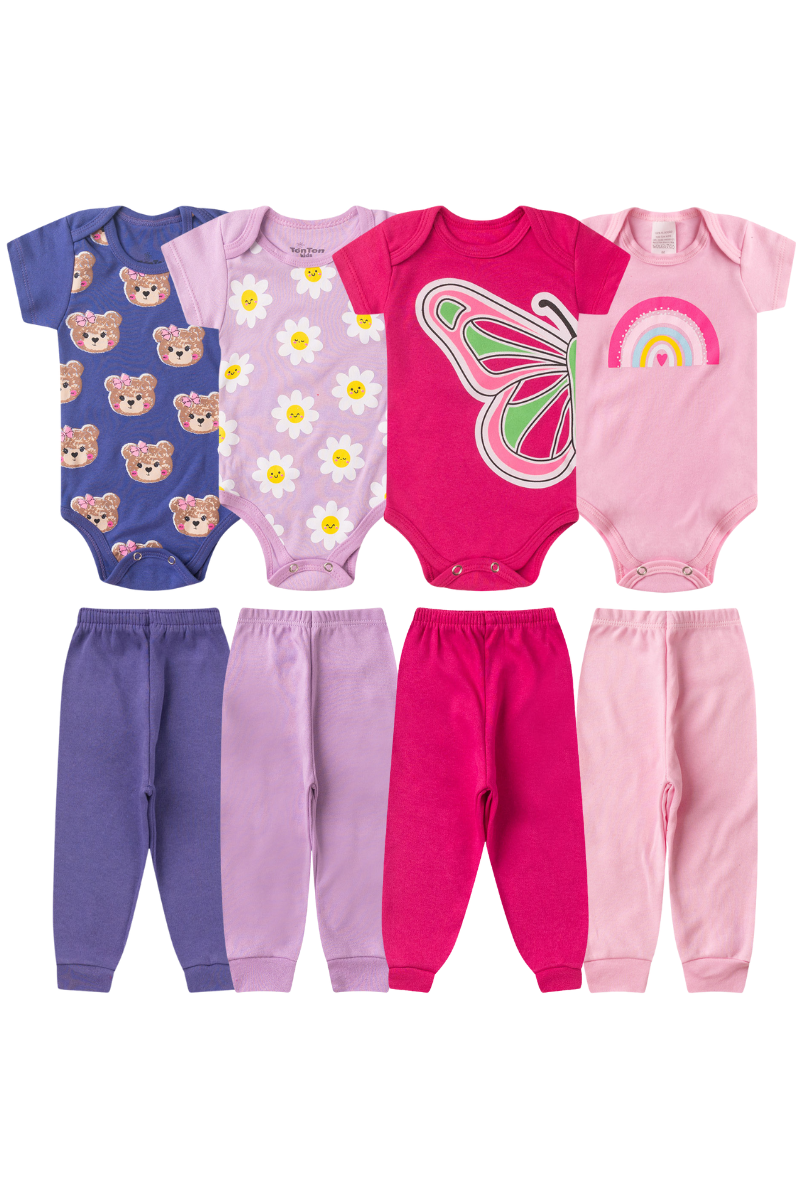 Kit 8 Peças Bebês Menina Body Manga Curta E Calça 100 Algodão Sortido