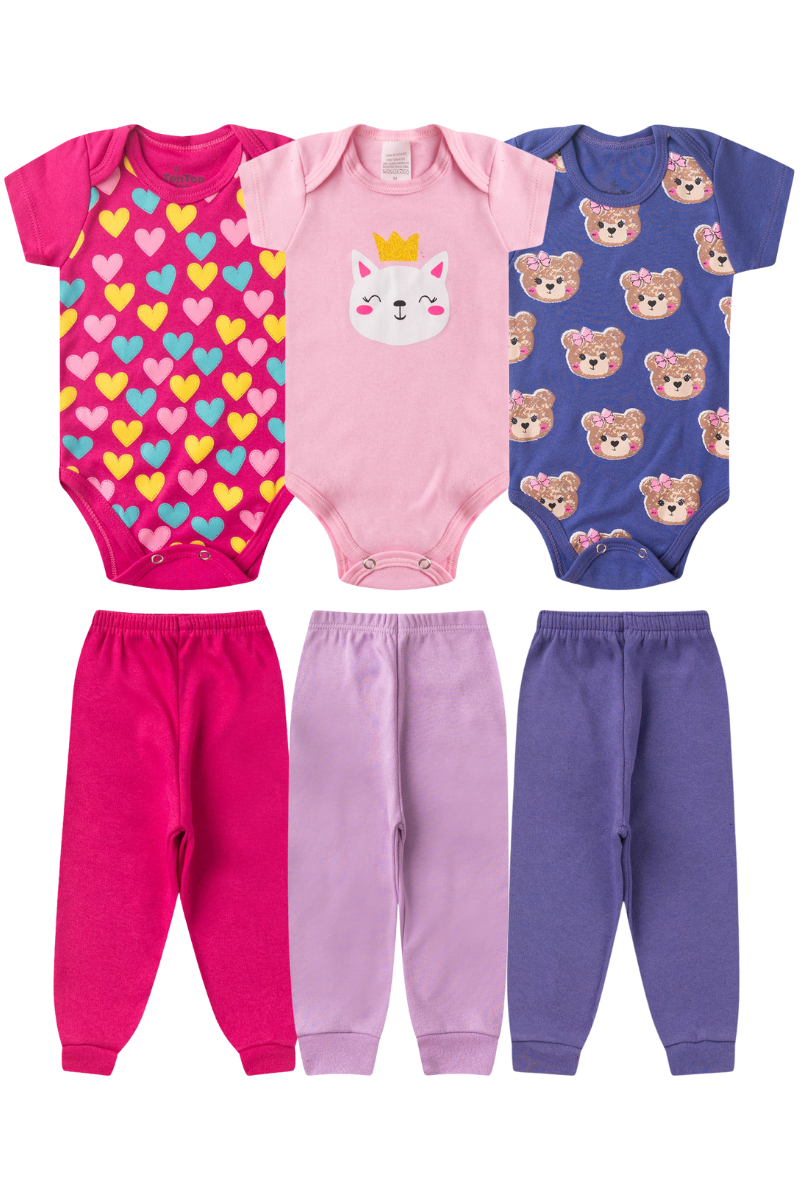 Kit 6 Peças Bebês Menina Body Manga Curta E Calça 100 Algodão Sortido