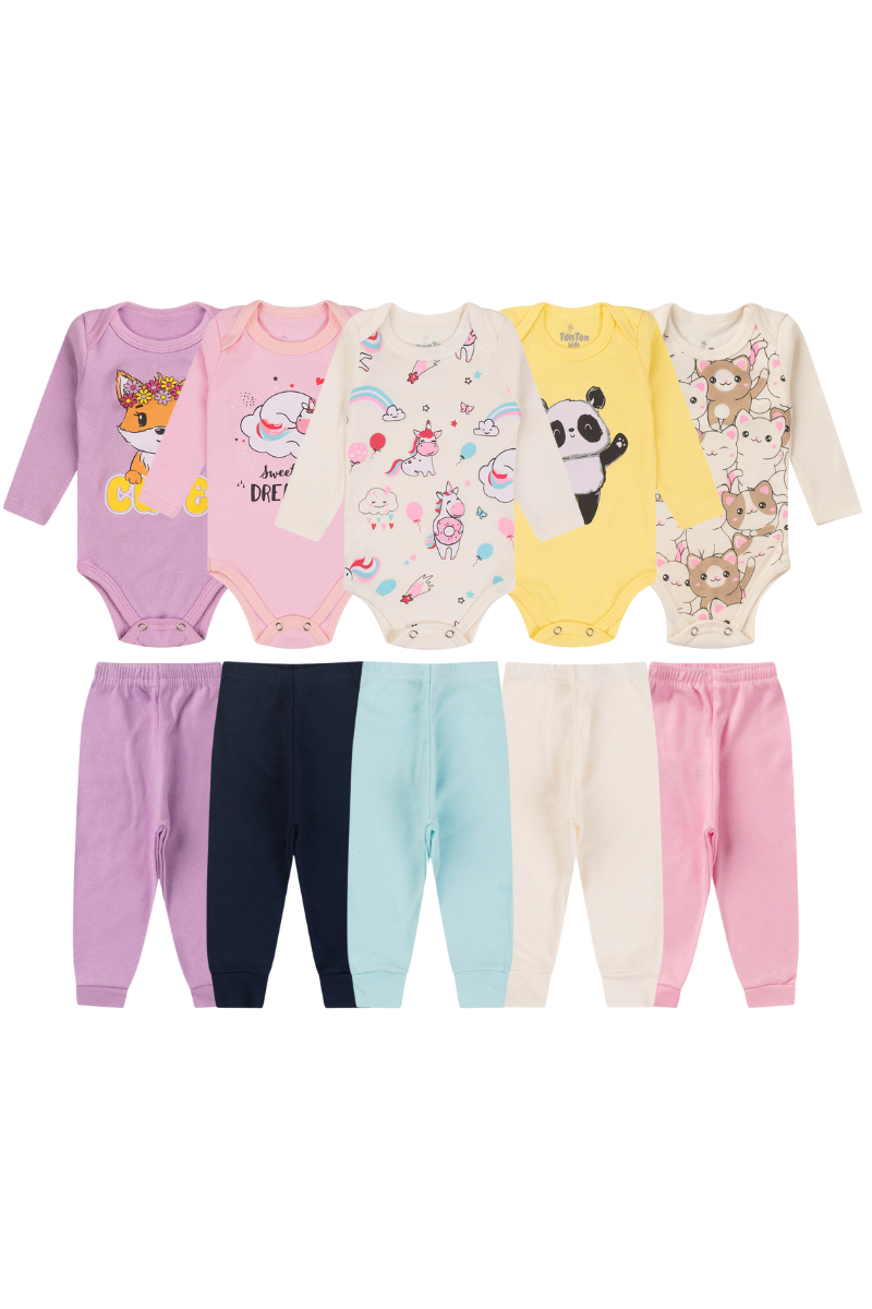 Kit 10 Peças Bebês Menina Body Manga Longa E Calça 100 Algodão Sortido