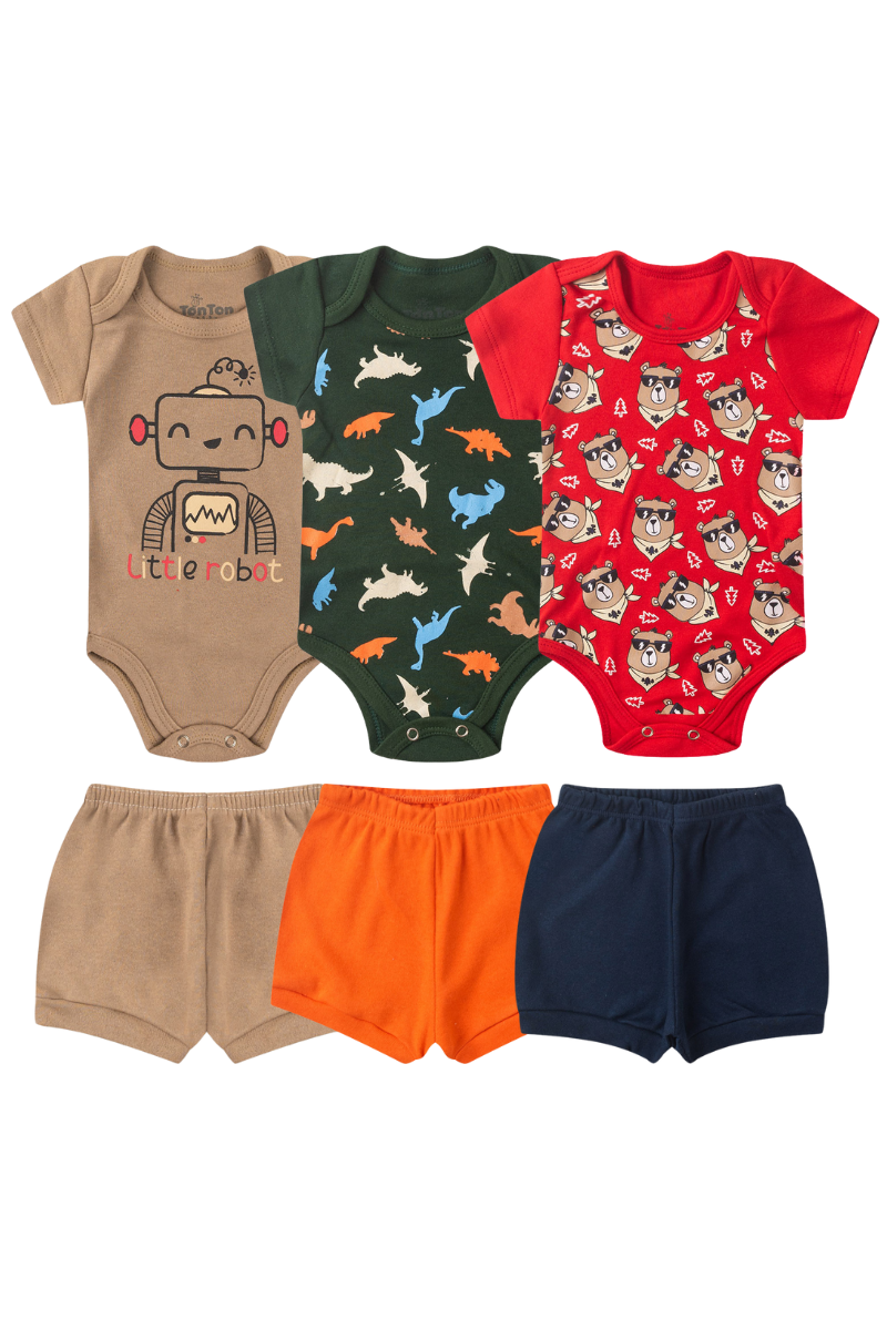 Kit 6 Peças Bebês Menino Body Manga Curta Estampados E Shorts 100 Algodão Sortido