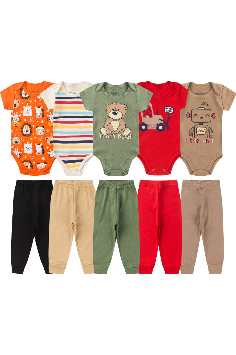 Kit 10 Peças Bebês Menino Body Manga Curta E Calça 100 Algodão Sortido