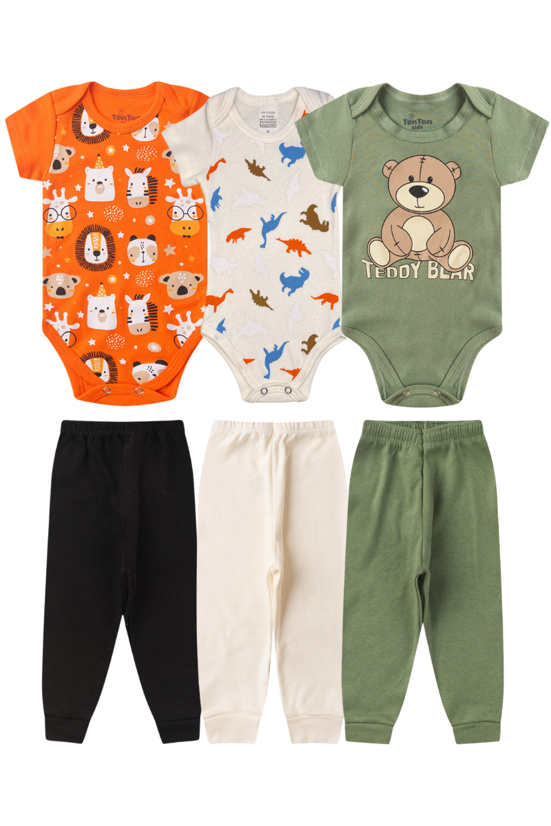 Kit 6 Peças Bebês Menino Body Manga Curta E Calça 100 Algodão Sortido