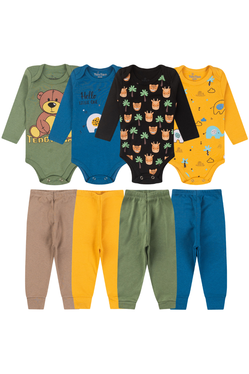 Kit 8 Peças Bebês Menino Body Manga Longa E Calça 100 Algodão Sortido
