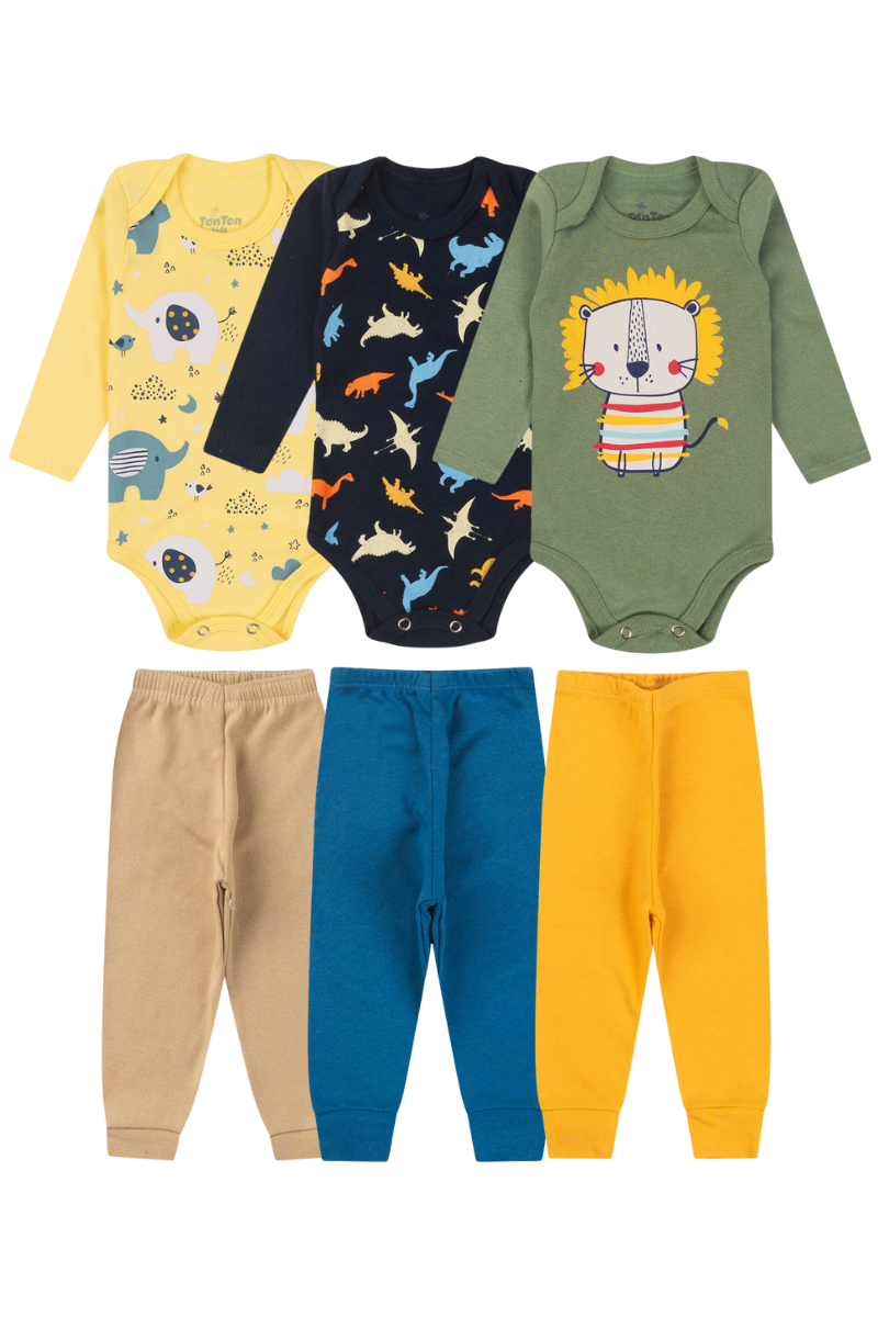 Kit 6 Peças Bebês Menino Body Manga Longa E Calça 100 Algodão Sortido