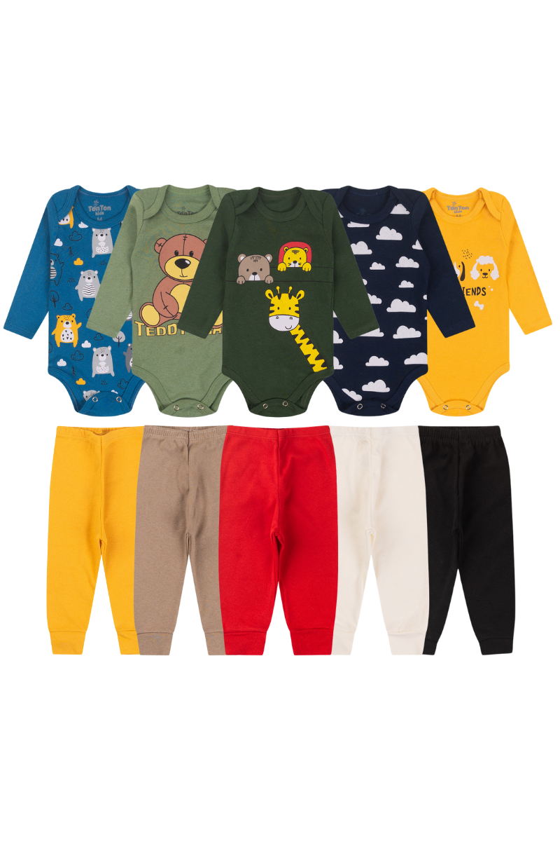 Kit 10 Peças Bebês Menino Body Manga Longa E Calça 100 Algodão Sortido