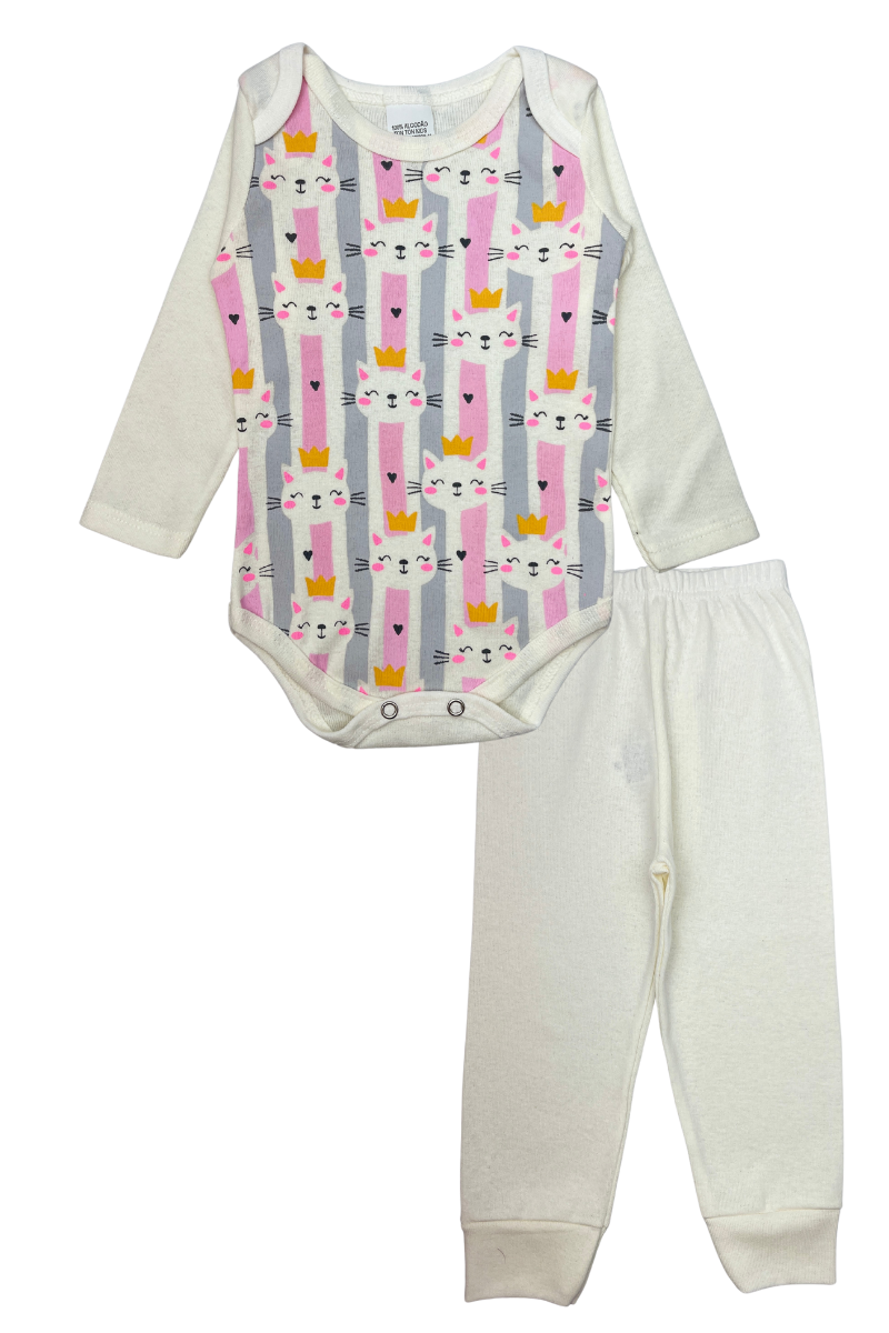 Conjunto Body Bebê Inverno Menina 2 Peças Gatinhos Off White - TonTon Kids Ton 2265 Off
