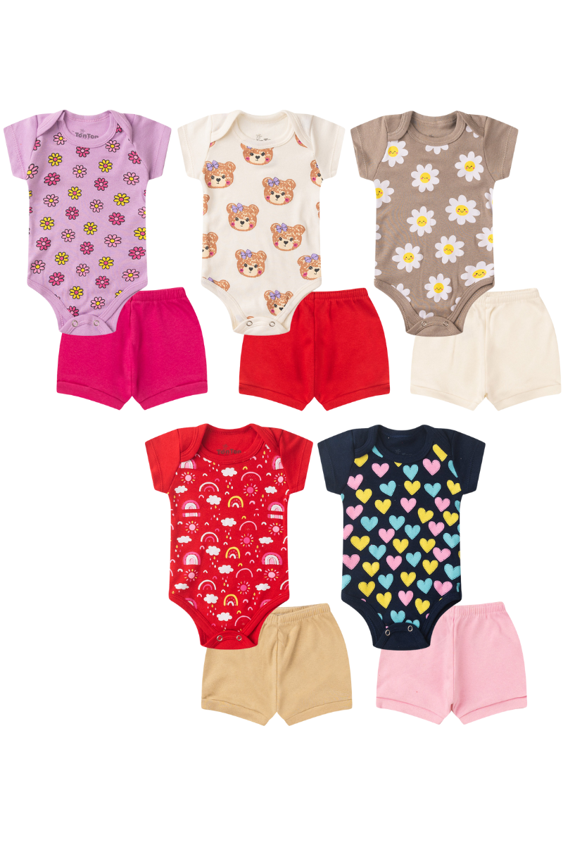 Kit 10 Peças Bebês Menina Body Manga Curta Estampados E Shorts 100 Algodão Sortido