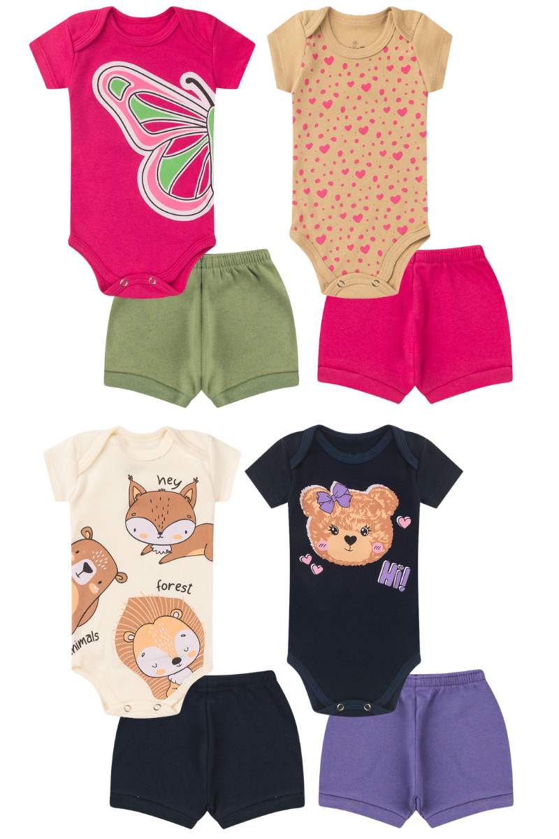 Kit 8 Peças Bebês Menina Body Manga Curta Estampados E Shorts 100 Algodão Sortido