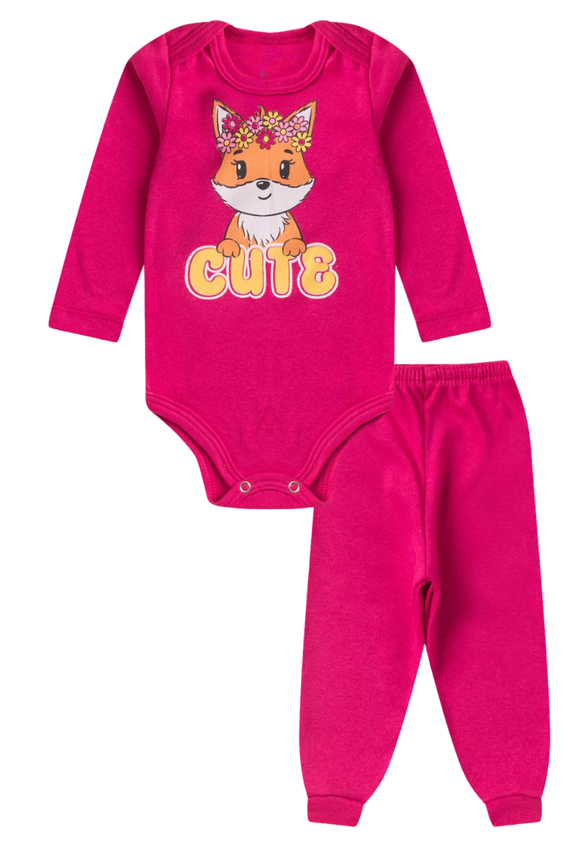 Conjunto Body Bebê Inverno Menina 2 Peças Raposa Pink - TonTon Kids