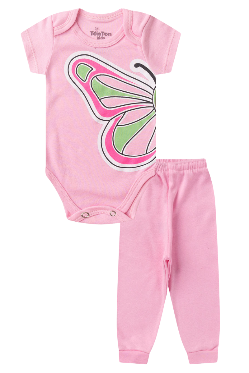 Conjunto Body Bebê Manga Curta Menina 2 Peças Borboleta Rosa - TonTon Kids