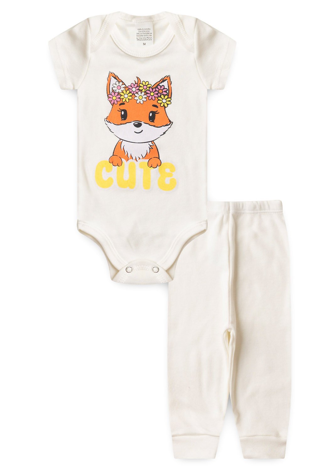 Conjunto Body Bebê Manga Curta Menina 2 Peças Raposa Off White - TonTon Kids