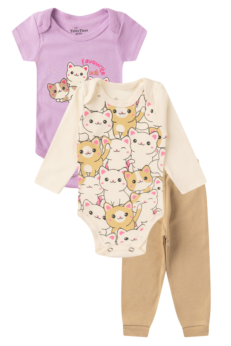 Kit Body Bebê Menina 3 Peças Manga Curta Gatinhos Off White - TonTon Kids