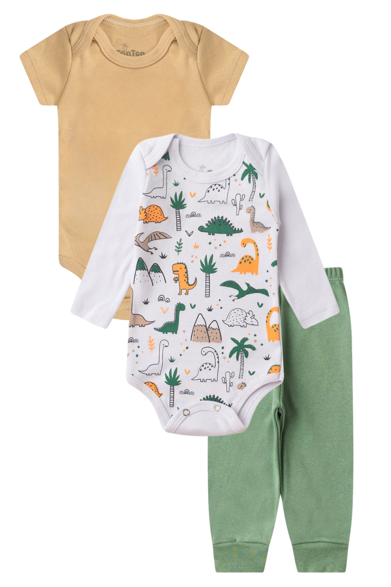 Kit Body Bebê Menino 3 Peças Manga Longa Dinos Branco - TonTon Kids