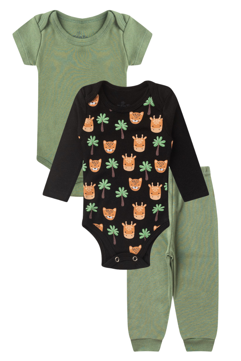 Kit Body Bebê Menina 3 Peças Manga Curta Girafa Preto - TonTon Kids