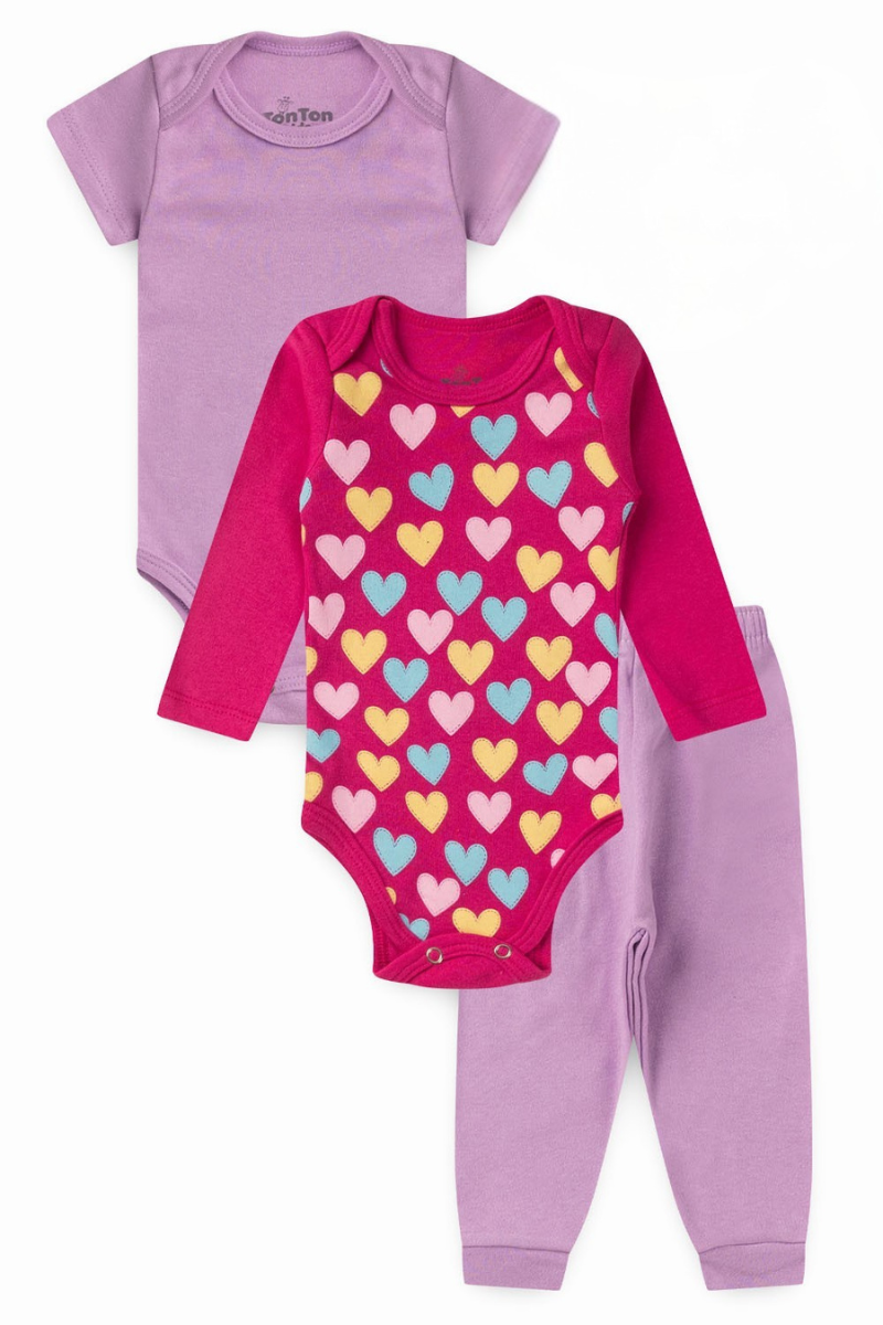 Kit Body Bebê Menina 3 Peças Manga Curta Coracao Pink - TonTon Kids