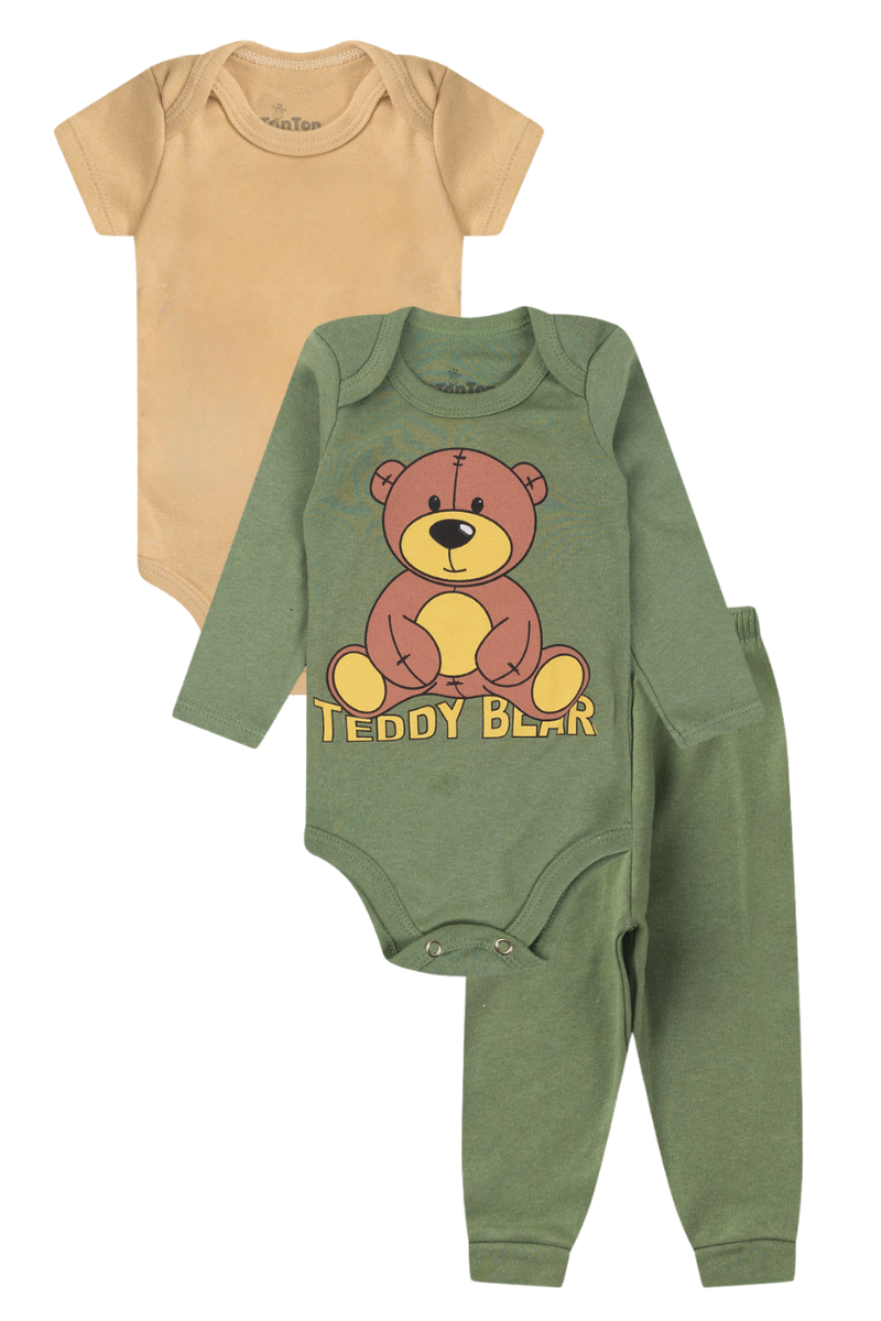 Kit Body Bebê Menino 3 Peças Manga Longa Teddy Bear Verde - TonTon Kids
