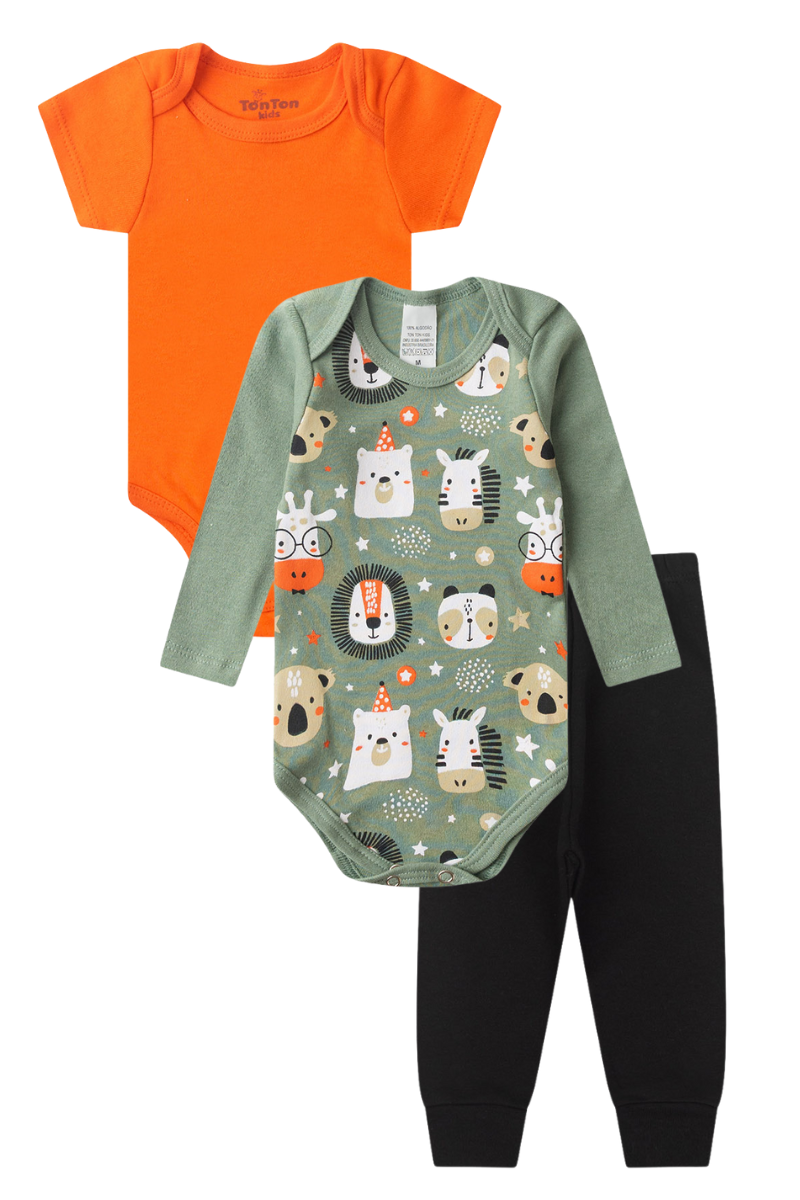 Kit Body Bebê Menino 3 Peças Manga Longa Safari Verde - TonTon Kids