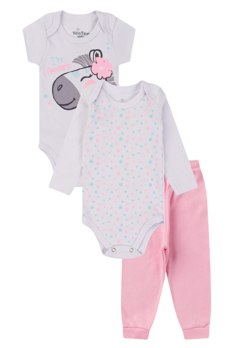 Kit Body Bebê Menina 3 Peças Manga Curta Zebra Branco - TonTon Kids