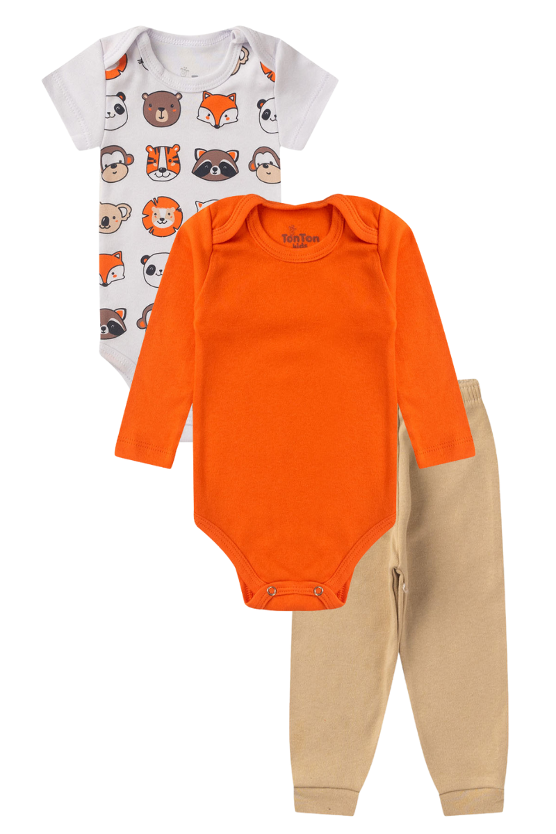 Kit Body Bebê Menino 3 Peças Manga Curta Animais Branco - TonTon Kids