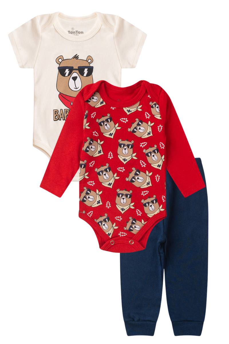 Kit Body Bebê Menino 3 Peças Manga Curta Ursos Vermelho - TonTon Kids