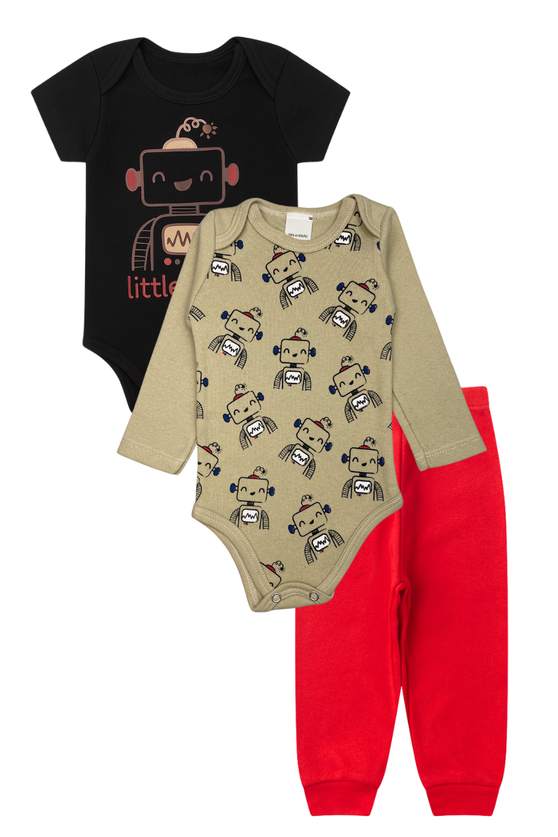 Kit Body Bebê Menino 3 Peças Manga Curta Robo Preto - TonTon Kids