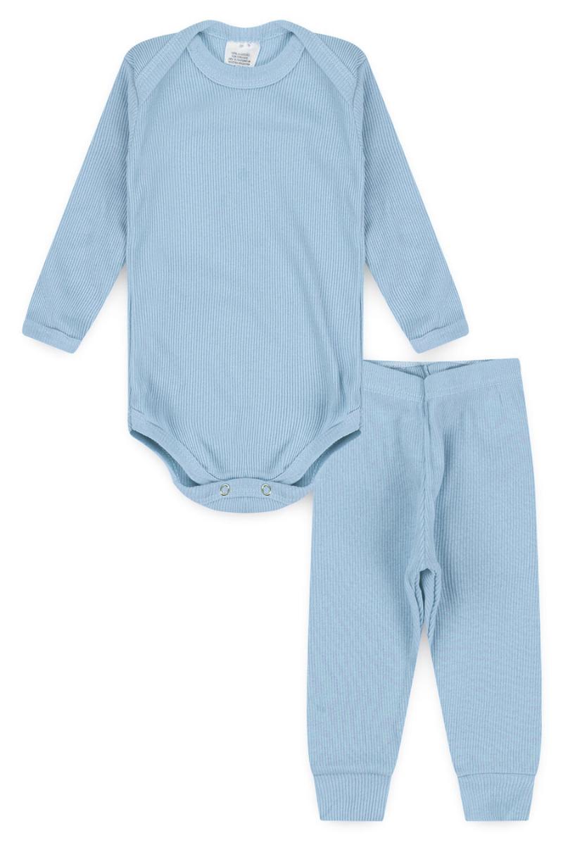 Conjunto Body Bebê Inverno Unissex 2 Peças Canelado Azul - TonTon Kids