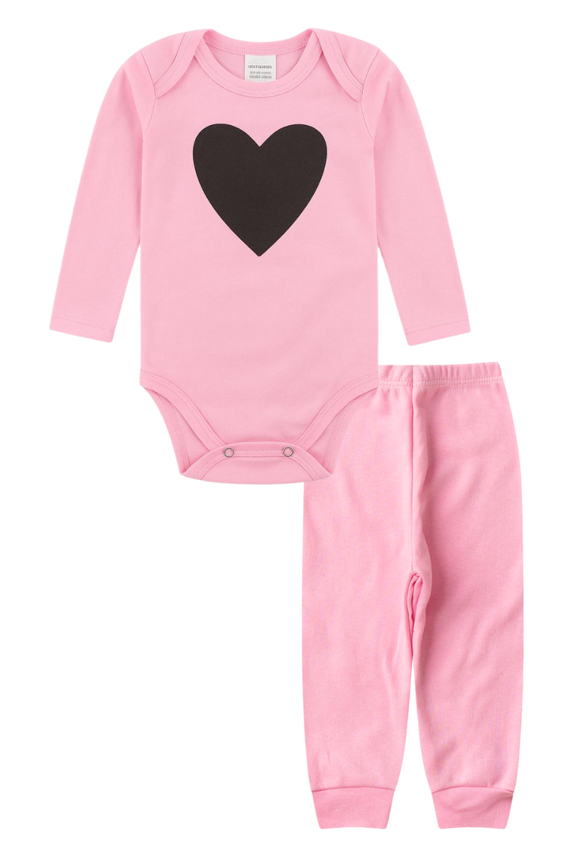 Conjunto Body Bebê Inverno Menina 2 Peças Coracao Rosa - TonTon Kids Ton 2384 Ros