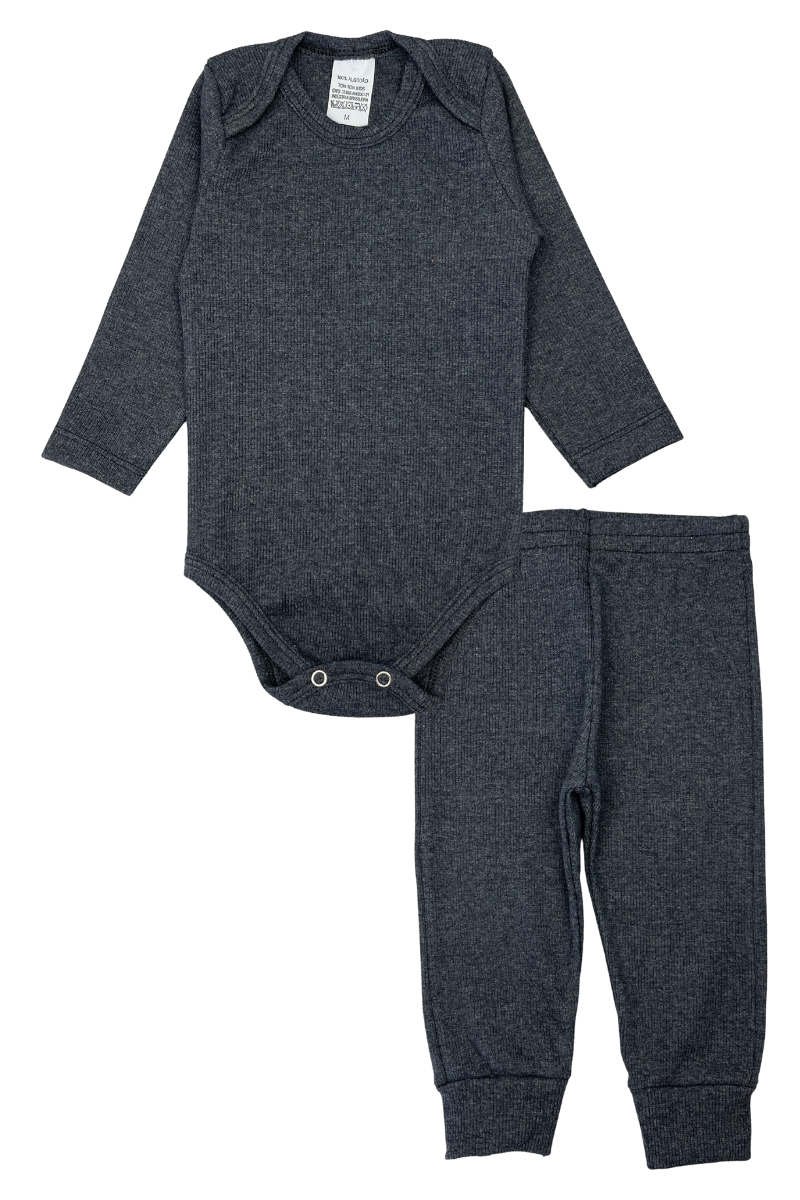 Conjunto Body Bebê Inverno Menino 2 Peças Canelado Chumbo Mescla - TonTon Kids