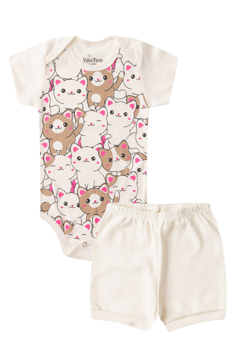 Conjunto Body Bebê Verão Menina 2 Peças Gatinhos Off White - TonTon Kids Ton 2397 Off