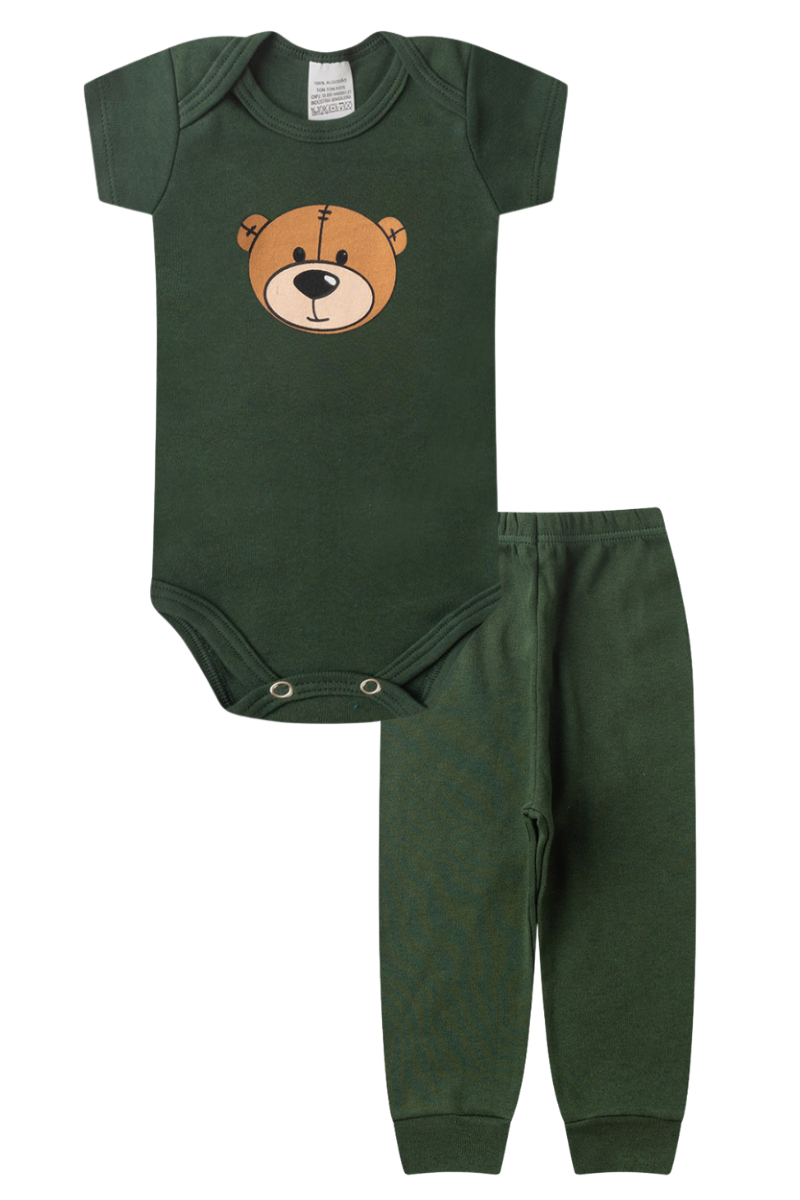 Conjunto Body Bebê Manga Curta Menino 2 Peças Urso Verde Escuro - TonTon Kids