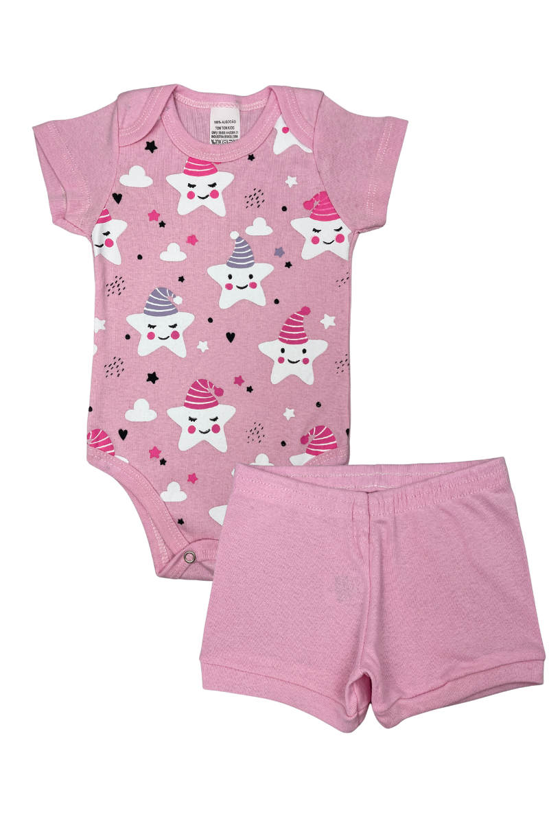 Conjunto Body Bebê Verão Menina 2 Peças Estrela Rosa - TonTon Kids