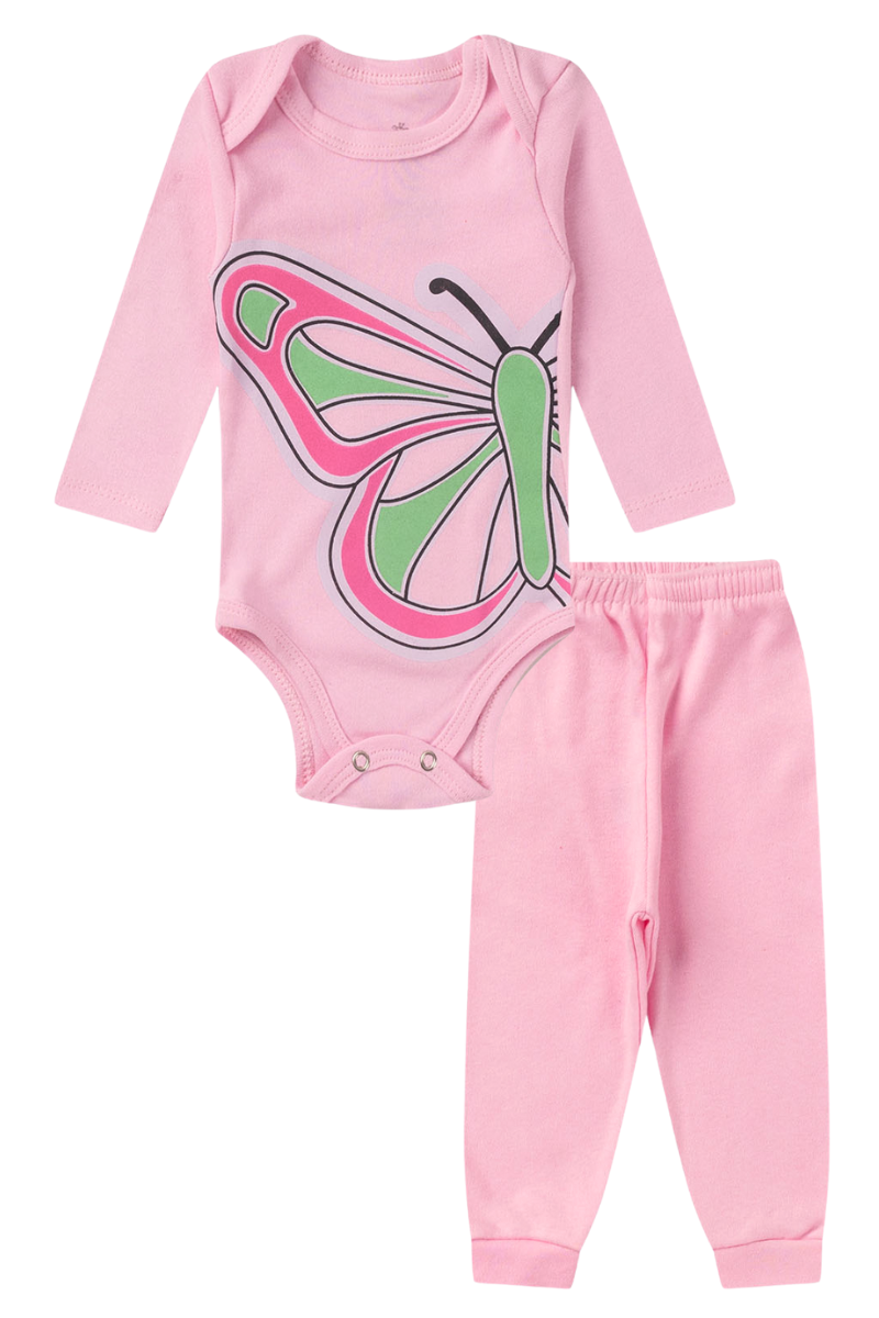 Conjunto Body Bebê Inverno Menina 2 Peças Borboleta Rosa - TonTon Kids