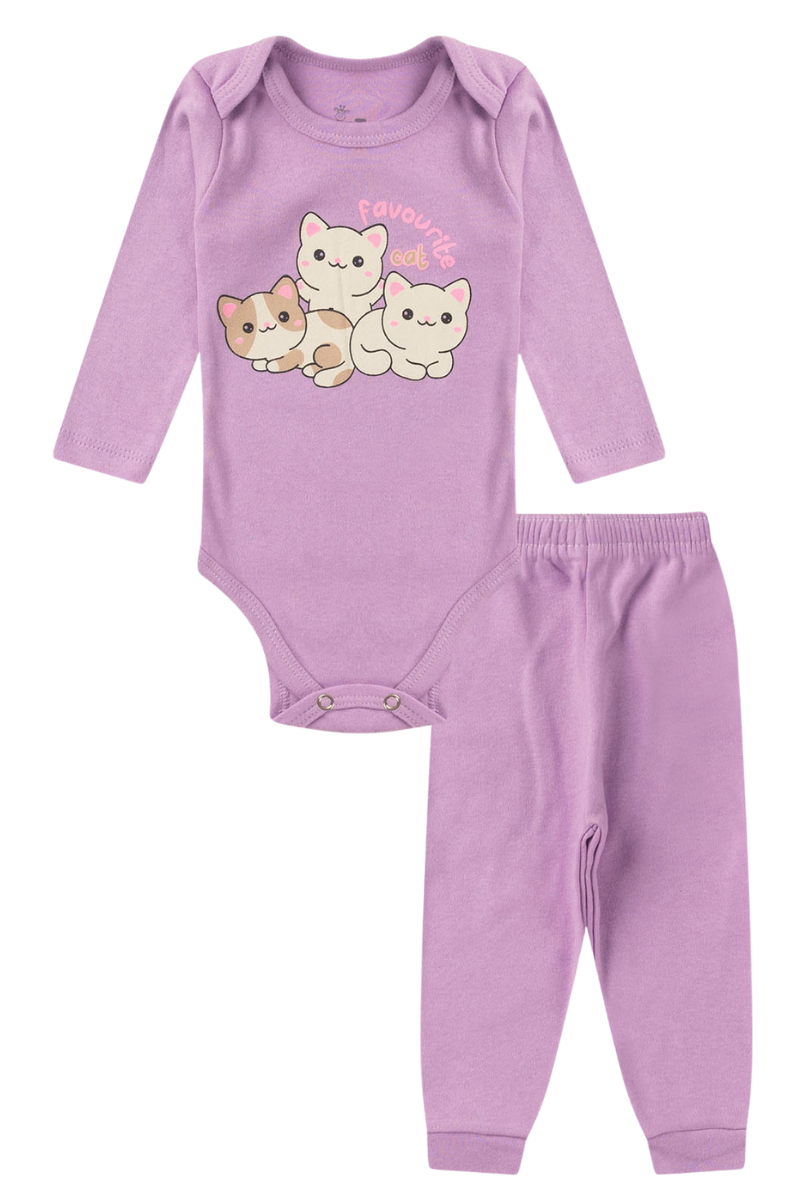 Conjunto Body Bebê Inverno Menina 2 Peças Gatinhos Lilas - TonTon Kids