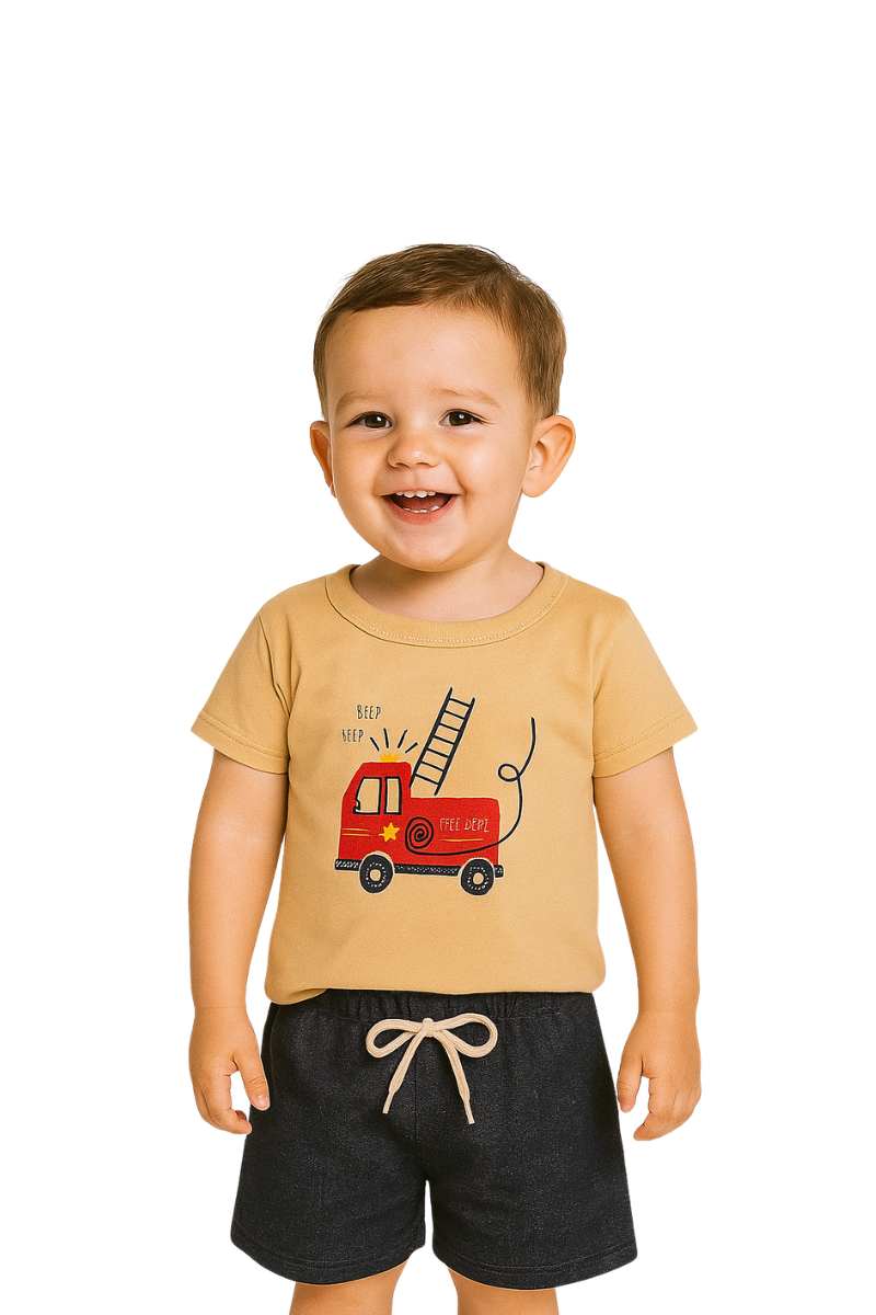 Conjunto Verão Menino Bombeiro Bege - Orango Kids